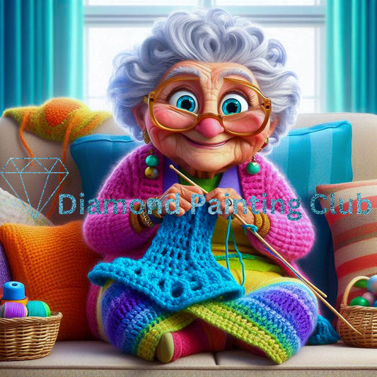 Cute Granny Knitting - Diamond Art Kit