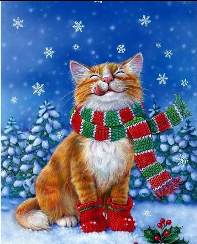 Cat in snow -  Christmas Diamond painting - All Diamond Painting Art