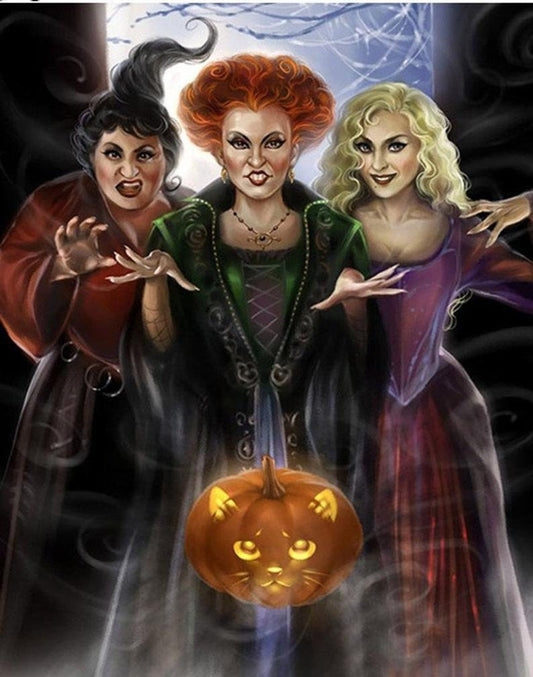 Cat Pumpkin & Witches - Halloween Diamond Painting