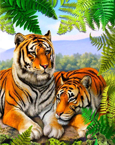 Tigerpaar malt mit Diamanten 